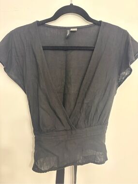 H&M Black Black Linen Short Sleeve Wrap Blouse